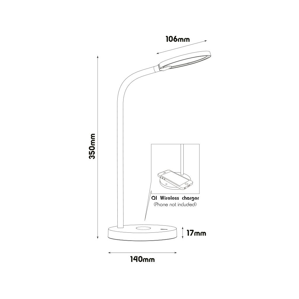 NONI LED Bureaulamp 5,5W 3-staps dimbaar + QI lader wit - 2