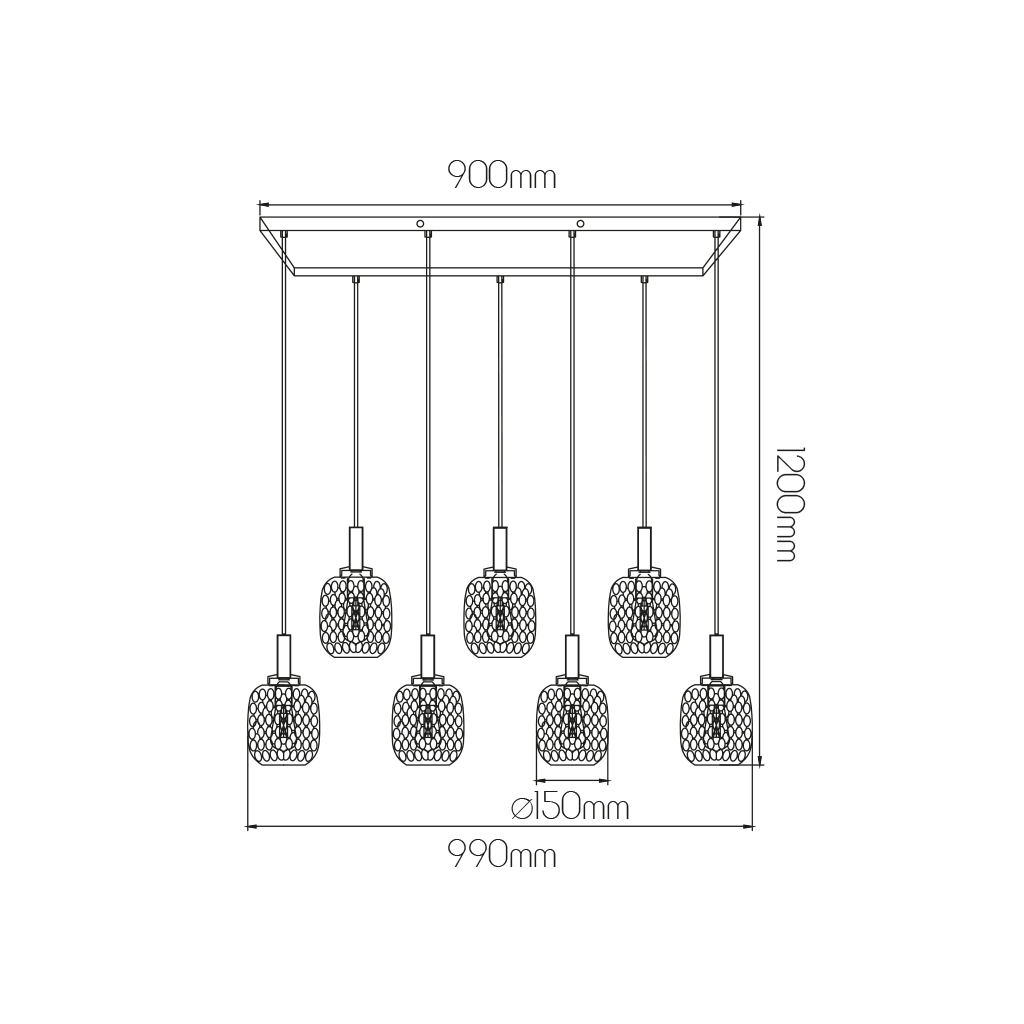 OKIRU Pendel Balk 7xE27 Zwart + 7x as grijs glas Ø150mm - 2