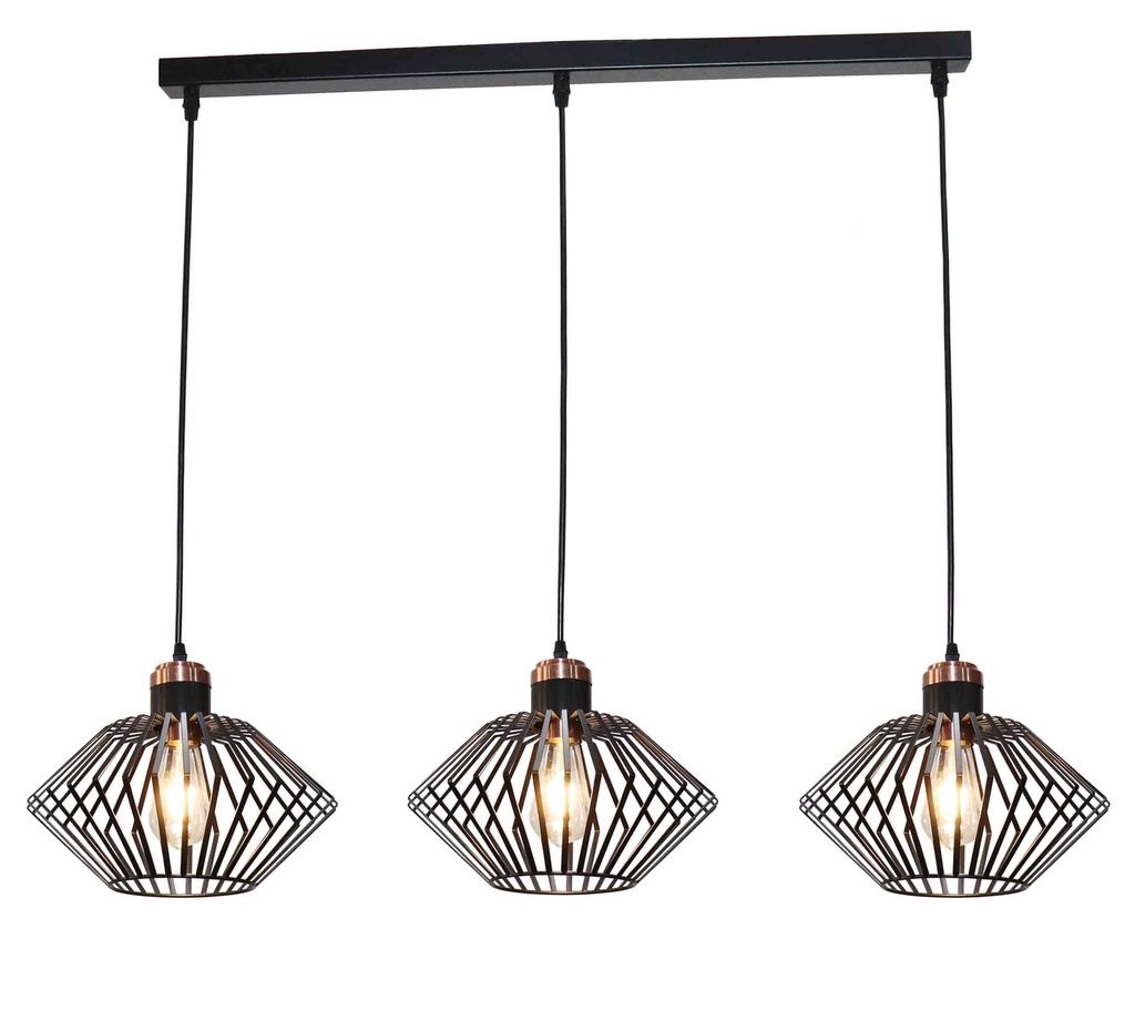SHURU 3x E27 pendel zwart + koper balk