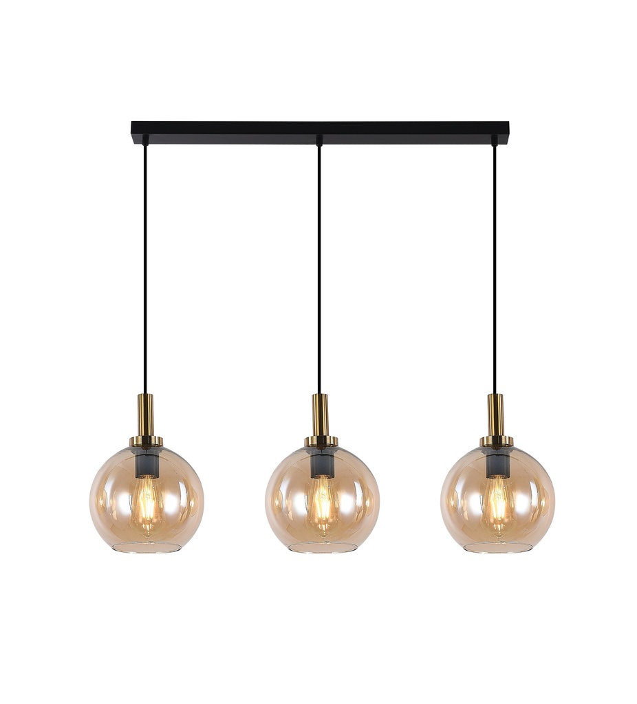OSIRA Pendel E27 3L Zwart + goud, amber glas 3x Ø200mm