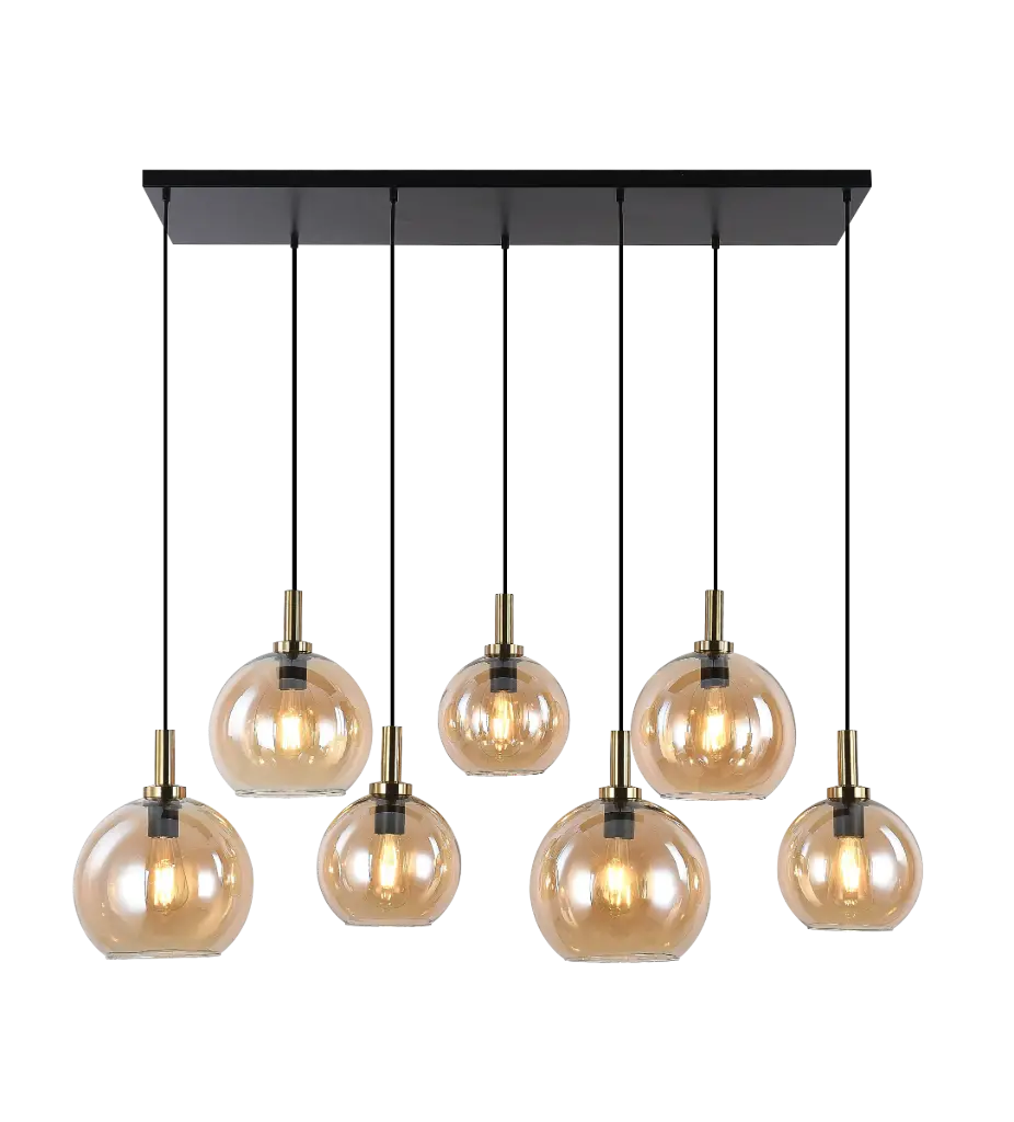 OSIRA Pendel E27 7L Zwart + goud, amber glas 4x Ø200mm, 3x Ø250mm