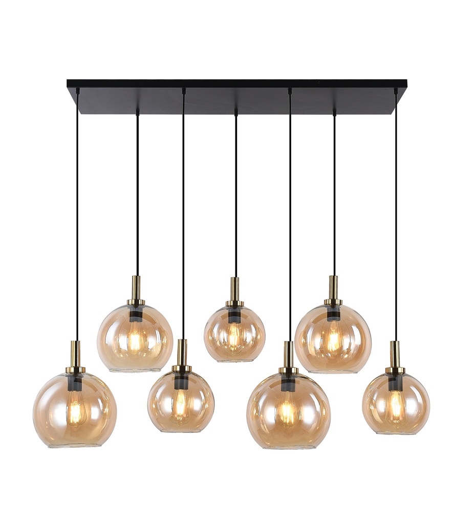 OSIRA Pendel E27 7L Zwart + goud, amber glas 4x Ø200mm, 3x Ø250mm