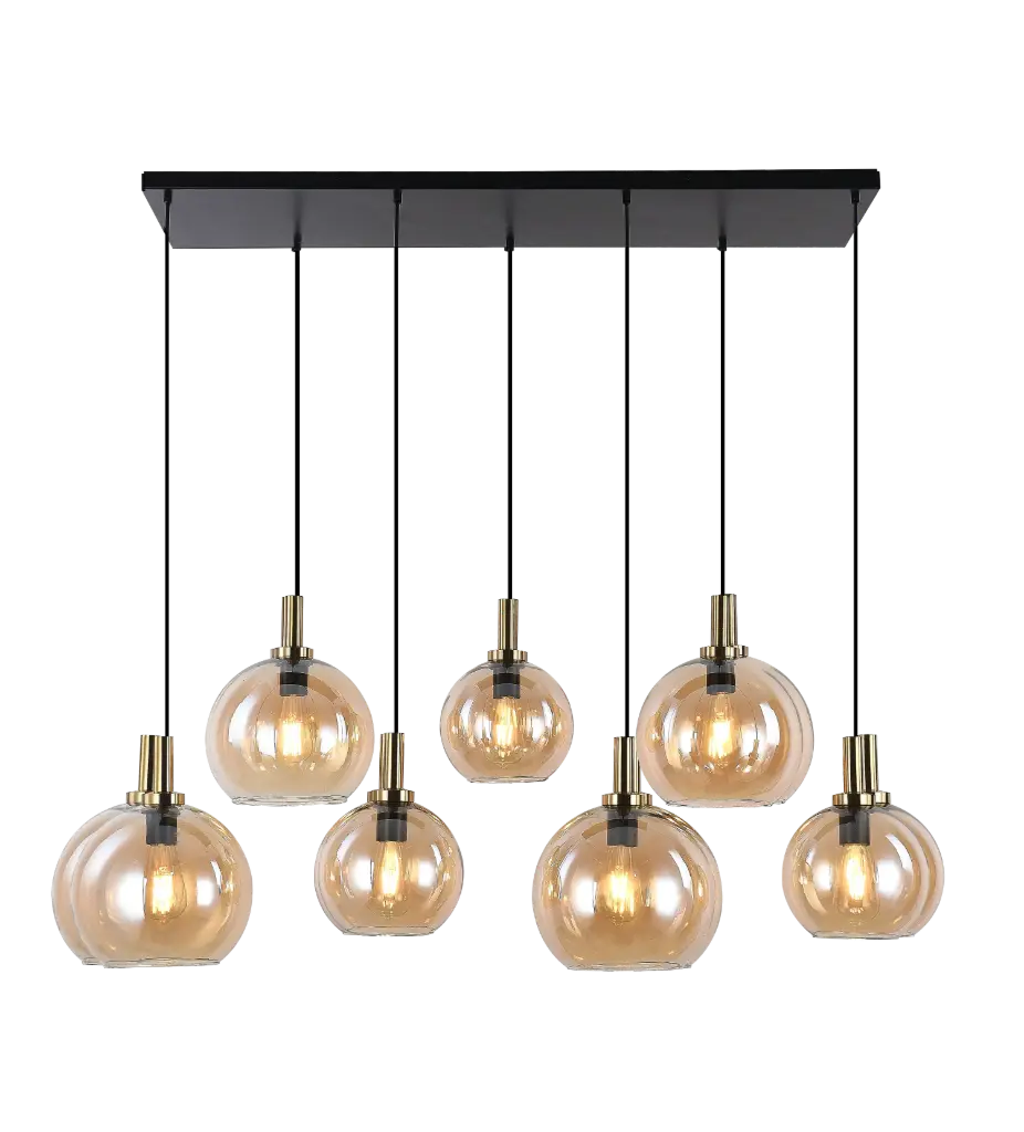 OSIRA Pendel E27 7L Zwart + goud, amber glas 4x Ø200mm, 3x Ø250mm