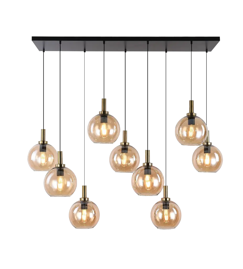 OSIRA Pendel E27 9L Zwart + goud, amber glas 9x Ø200mm