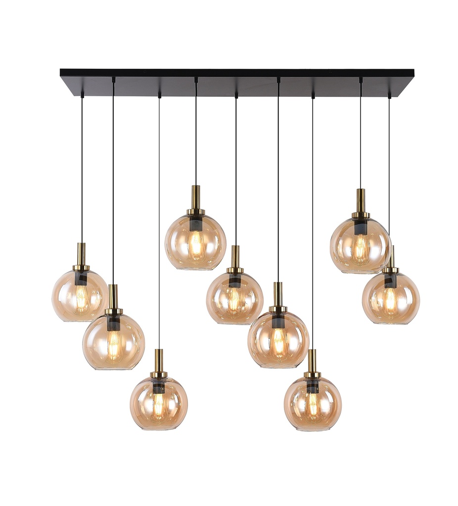 OSIRA Pendel E27 9L Zwart + goud, amber glas 9x Ø200mm