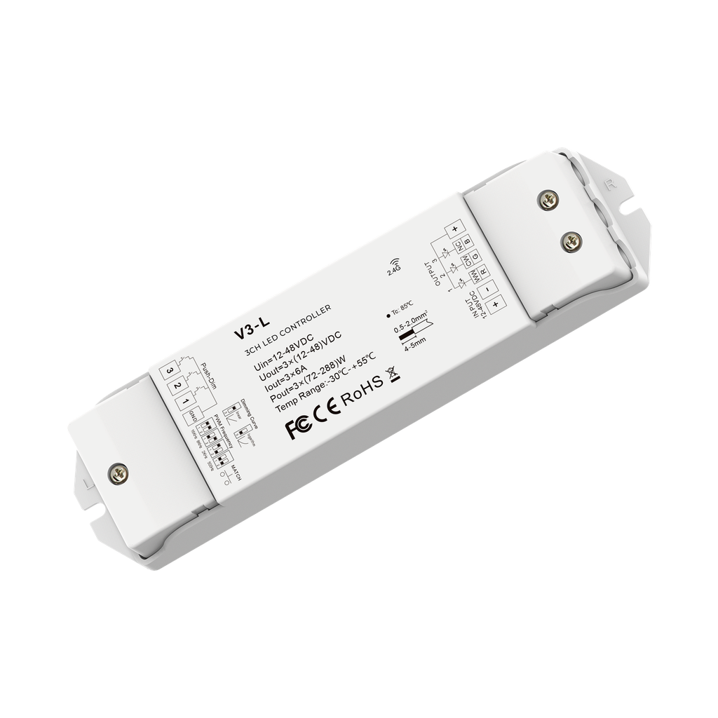 Controller for single colour LED strip, DC12-48V, max 3x6A