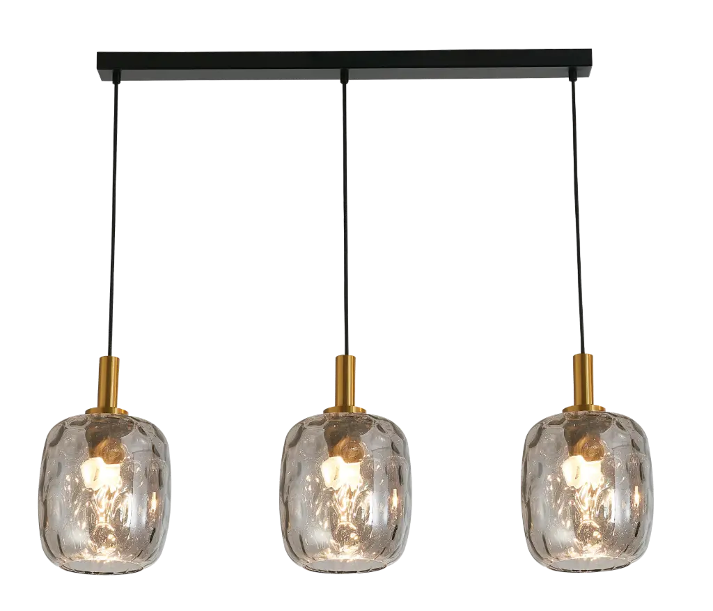 OKIRU Pendel Balk 3xE27 Zwart + 3x as grijs glas Ø180mm