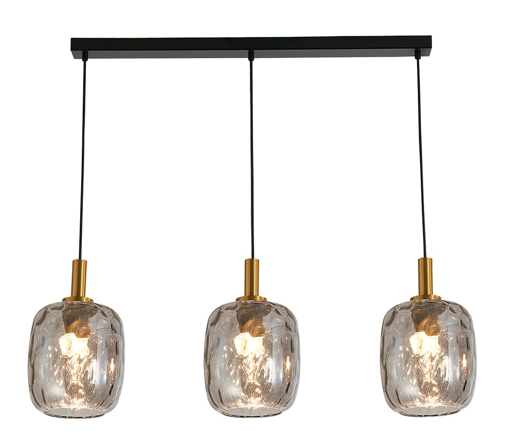 OKIRU Pendel Balk 3xE27 Zwart + 3x as grijs glas Ø180mm