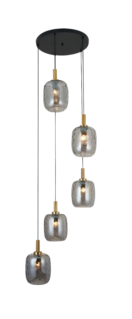 OKIRU Pendel 5xE27 Zwart + 5x as grijs glas Ø180mm