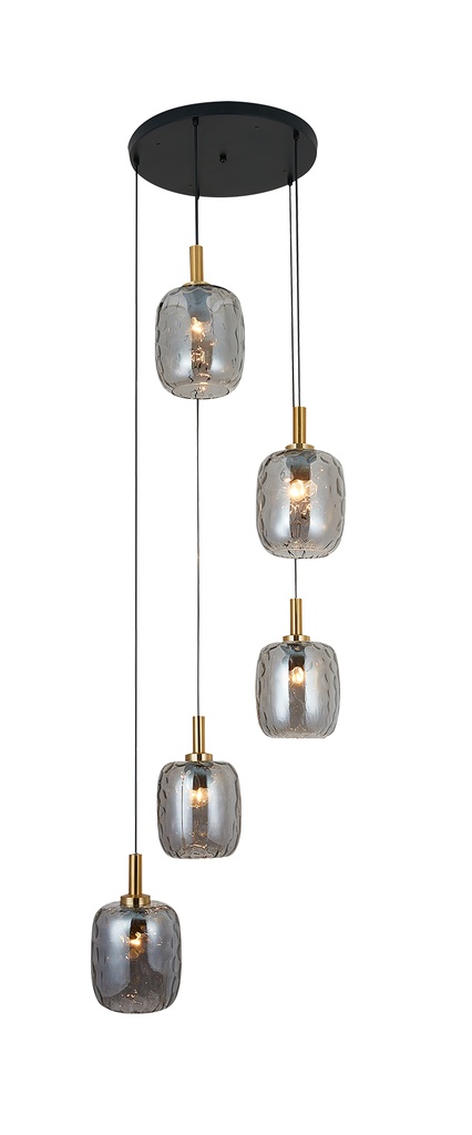 OKIRU Pendel 5xE27 Zwart + 5x as grijs glas Ø180mm