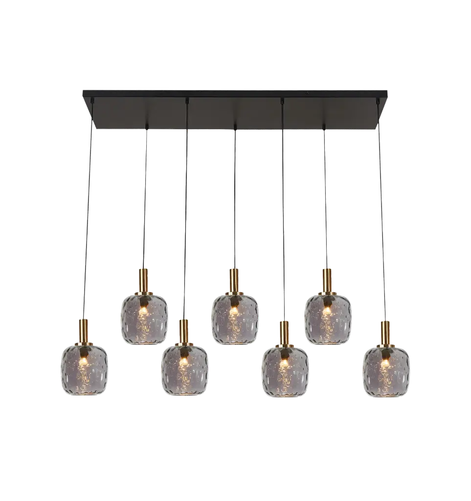 OKIRU Pendel Balk 7xE27 Zwart + 7x as grijs glas Ø150mm