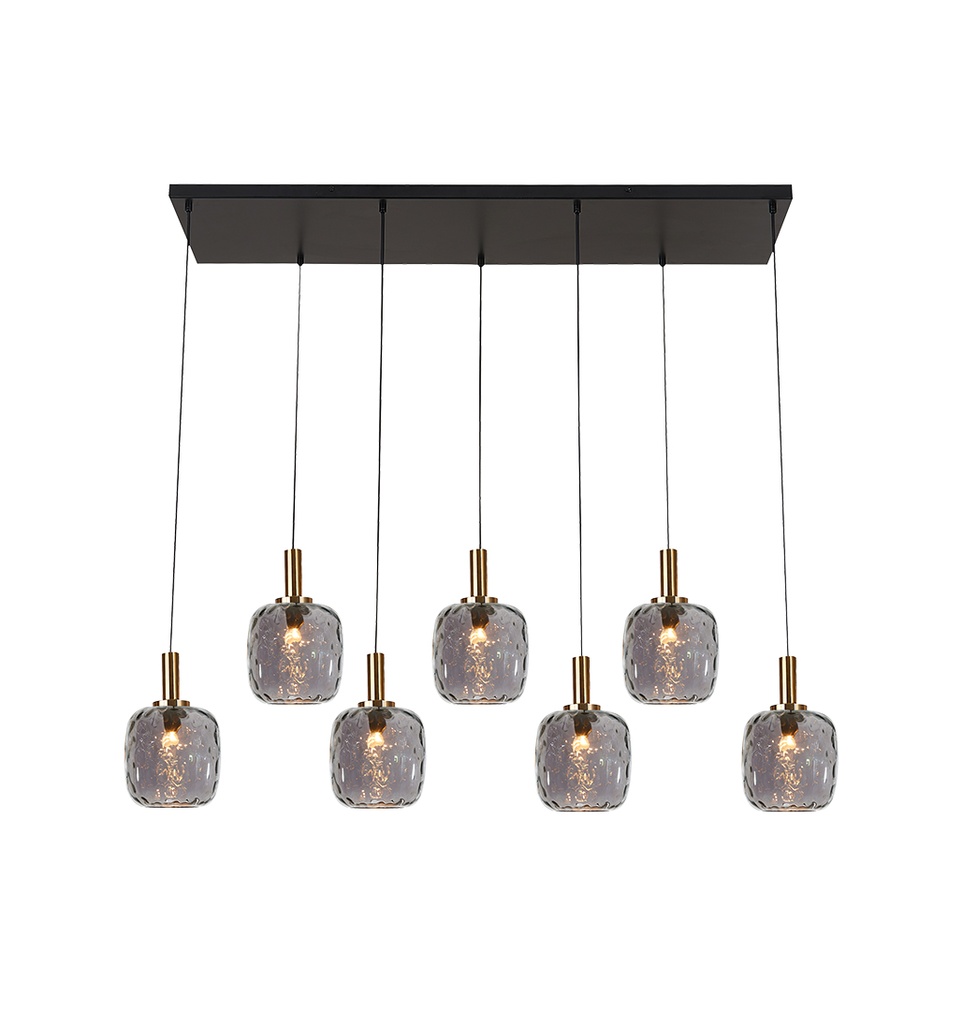 OKIRU Pendel Balk 7xE27 Zwart + 7x as grijs glas Ø150mm
