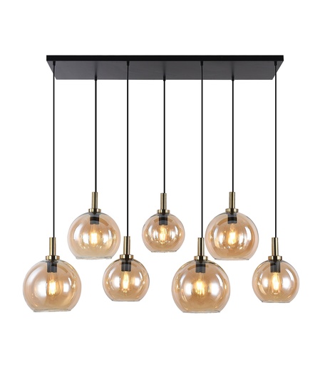 [3403615] OSIRA Pendel E27 7L Zwart + goud, amber glas 4x Ø200mm, 3x Ø250mm