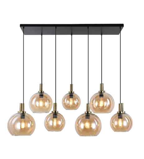 [3403615] OSIRA Pendel E27 7L Zwart + goud, amber glas 4x Ø200mm, 3x Ø250mm