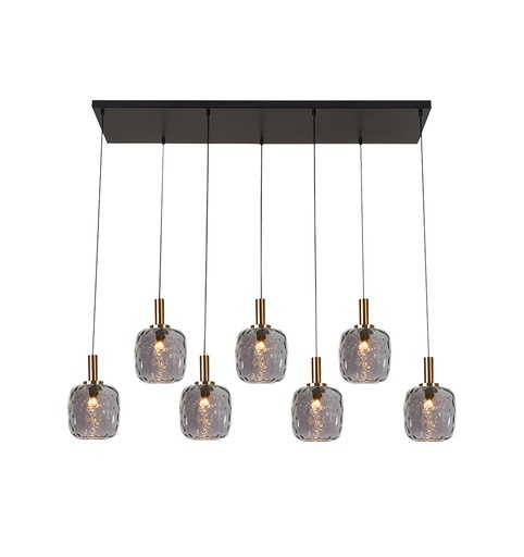[3403668] OKIRU Pendel Balk 7xE27 Zwart + 7x as grijs glas Ø150mm