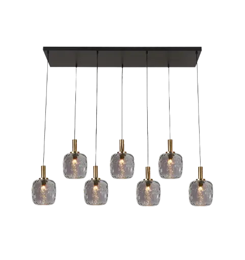 [3403668] OKIRU Pendel Balk 7xE27 Zwart + 7x as grijs glas Ø150mm