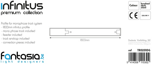 [TR0201DG] INFINITUS Profiel + 1F track 1,8m staal + accesoires